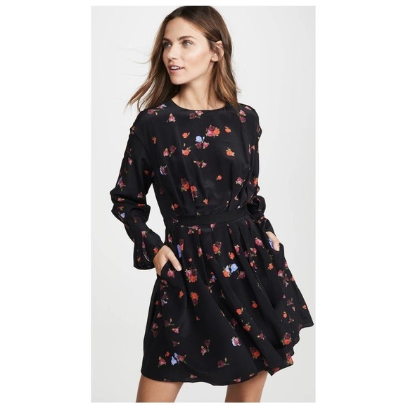 Jason Wu Silky Floral Long Sleeve Blouson Mini Dress Black Size 4